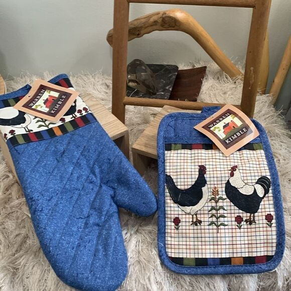 Vintage Warren Kimble Folk Art Style Hen & Rooster Oven Mitt & Hot Pad - Picture 17 of 17